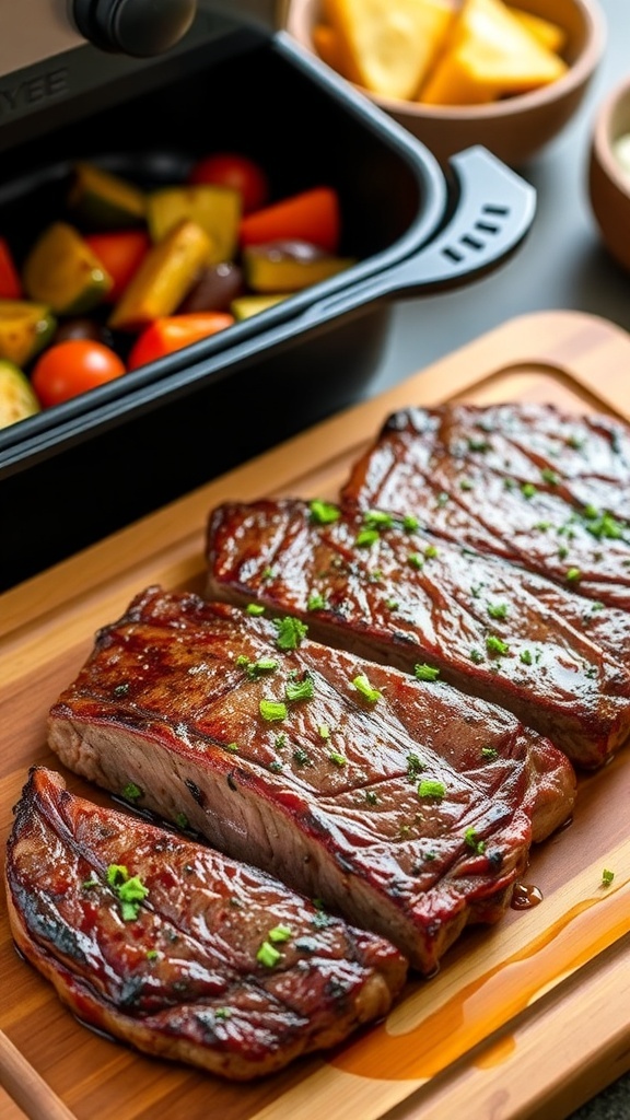 Air Fryer Kansas City Strip Steak Recipe Air fryer Kansas City strip steak garnished with herbs on a wooden board with roasted vegetables.